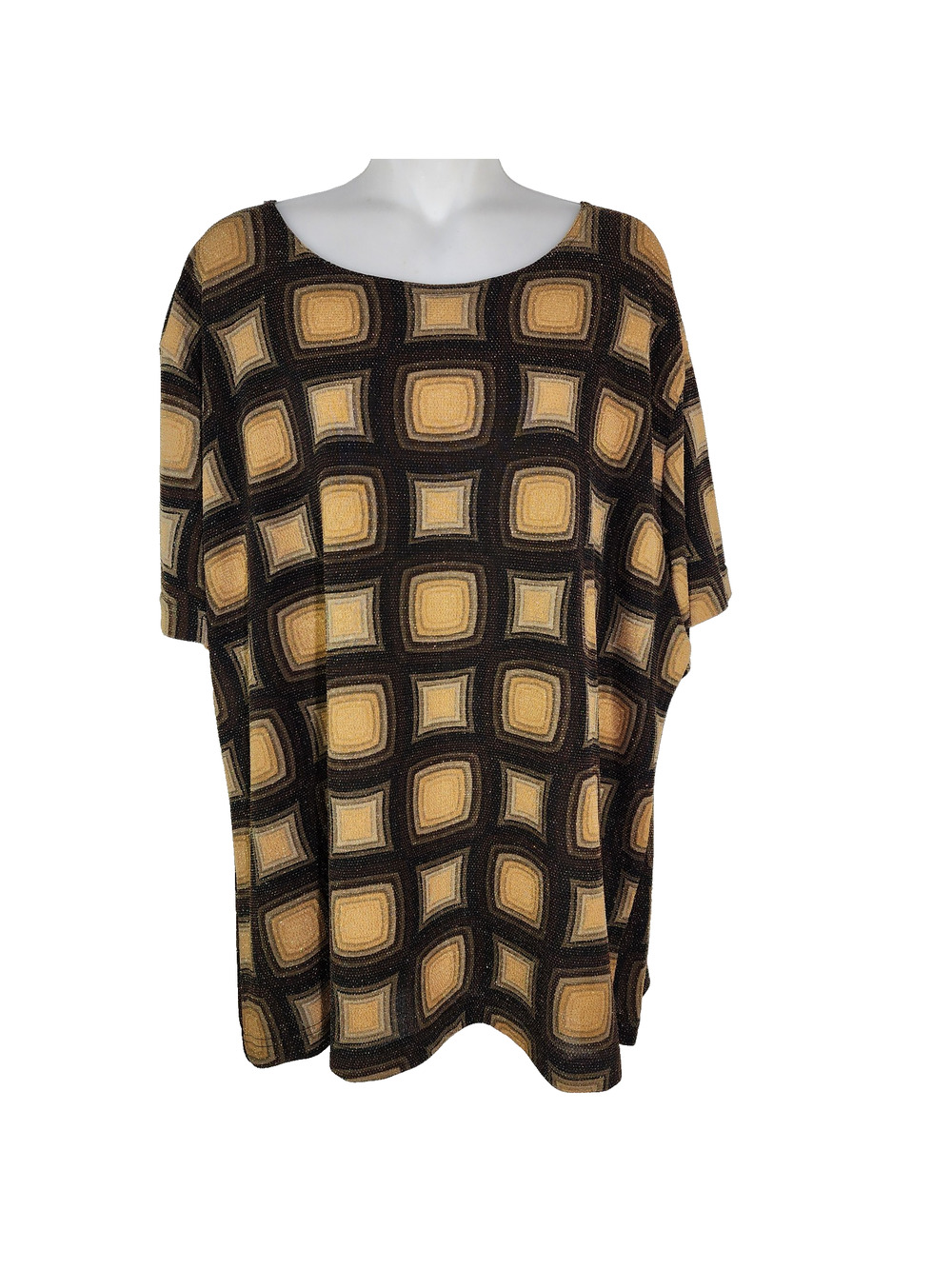 Vintage Joanna Plus Top 2X Gold Black Metallic Sparkle Geometric Short Sleeves